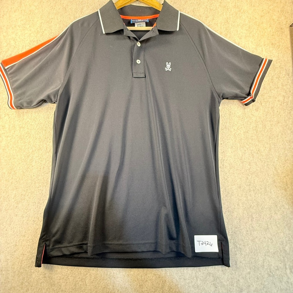 Psycho Bunny Mens Black Performance Polo Shirt Orange Stripe Size 6 XL Raglan